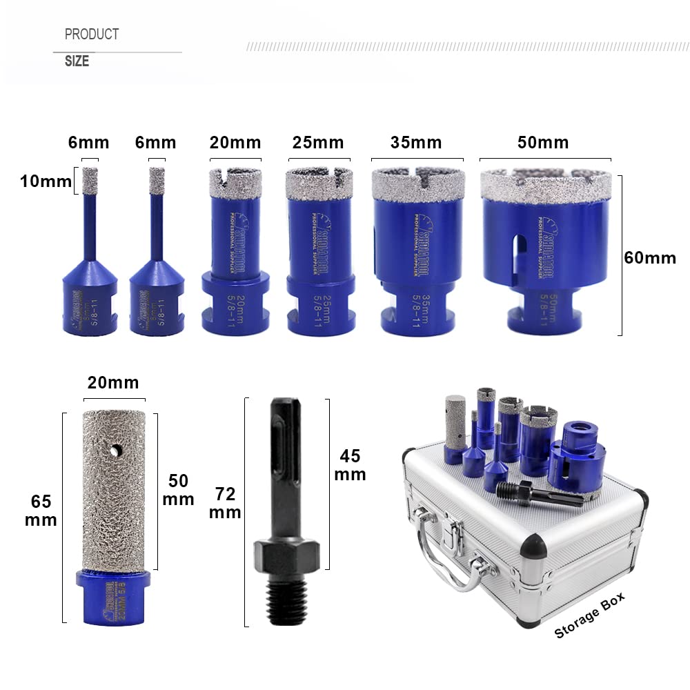 SHDIATOOL Diamond Core Drilling Bits Set for Porcelain Hole Saw Cutter for Tile Marble Ceramic Granite Kit 5/8-inch-11 8pieces