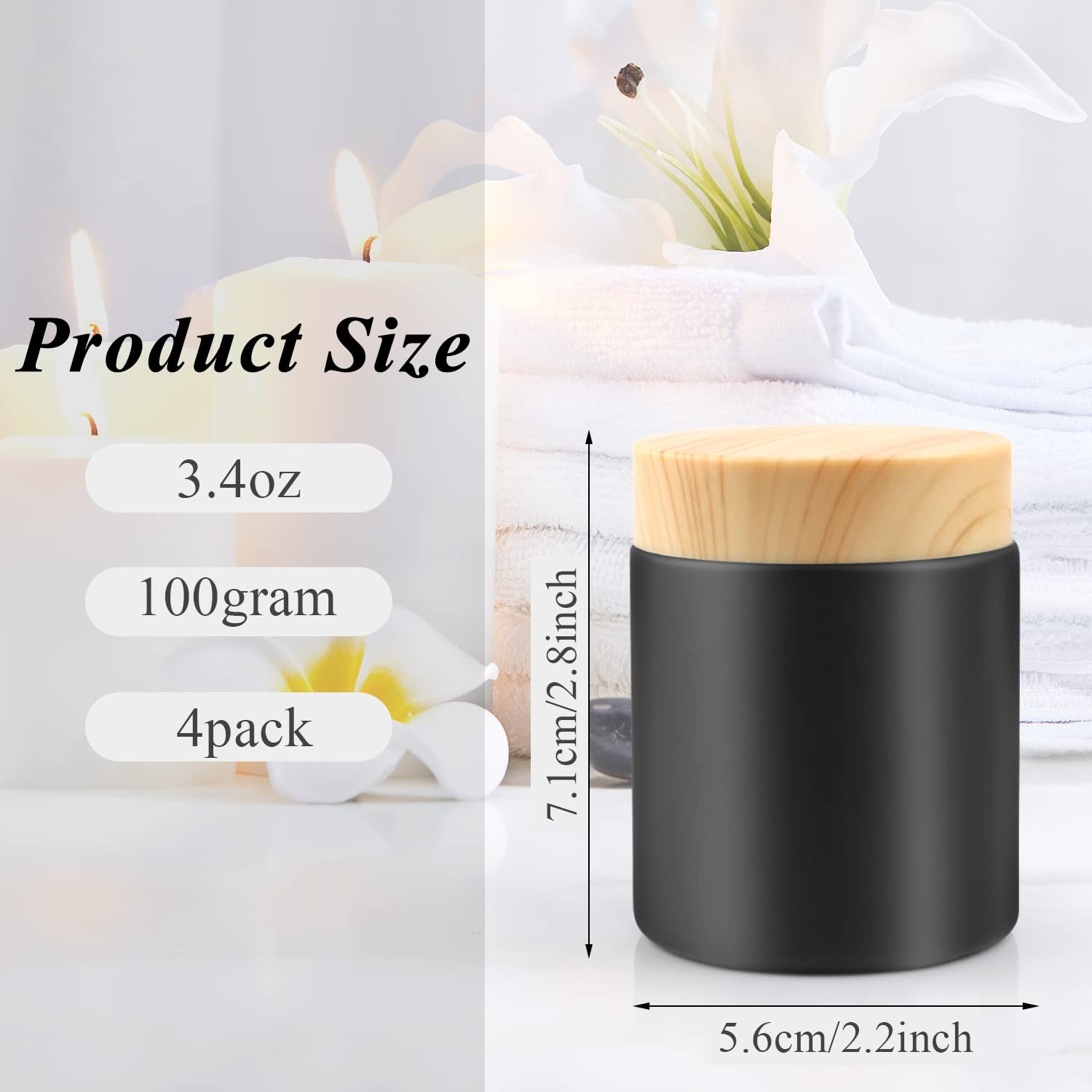 100g/3.4oz Black Frosted Glass Cream Jars Refillable Cosmetic Containers Empty Sample Jar Pot with Plastic Wood Grain Lids for Lotion Cream Eyeshadow Moisturiser Make Up - 4 Pack