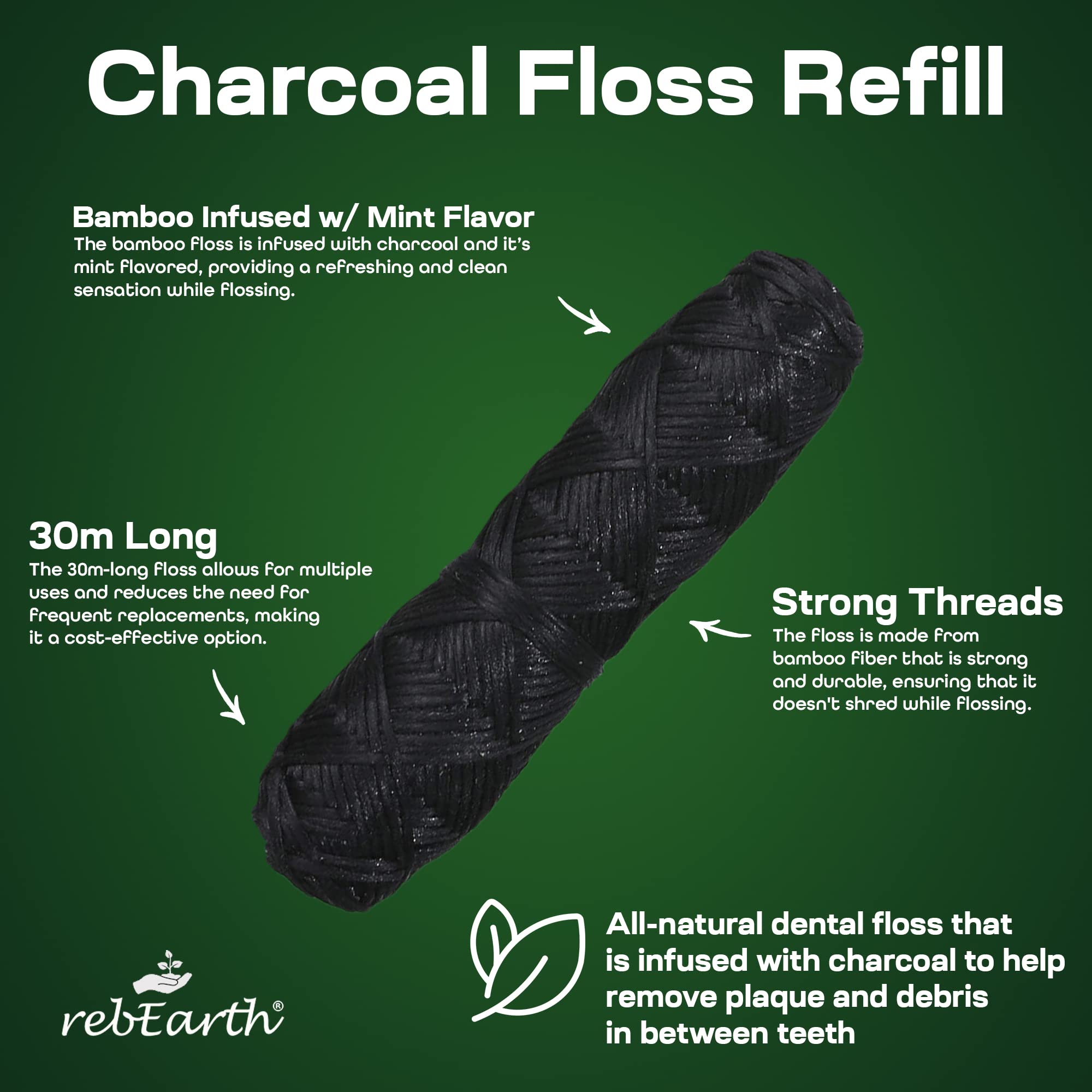 rebEarth Deep Clean Charcoal Black Floss Refill - Oral Care Dental Flossers Threaders Roll with Mint Flavored, 30m Bamboo Earth Silk Smooth & Shred Resistant Zero Waste Plastic Free (Pack of 4)