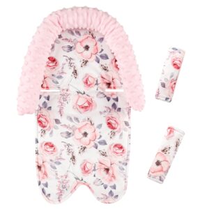 baby head support and strap cover for car seat, mink infant carseat headrest for girls, newborn car seat insert cushion for strollers, pink floral