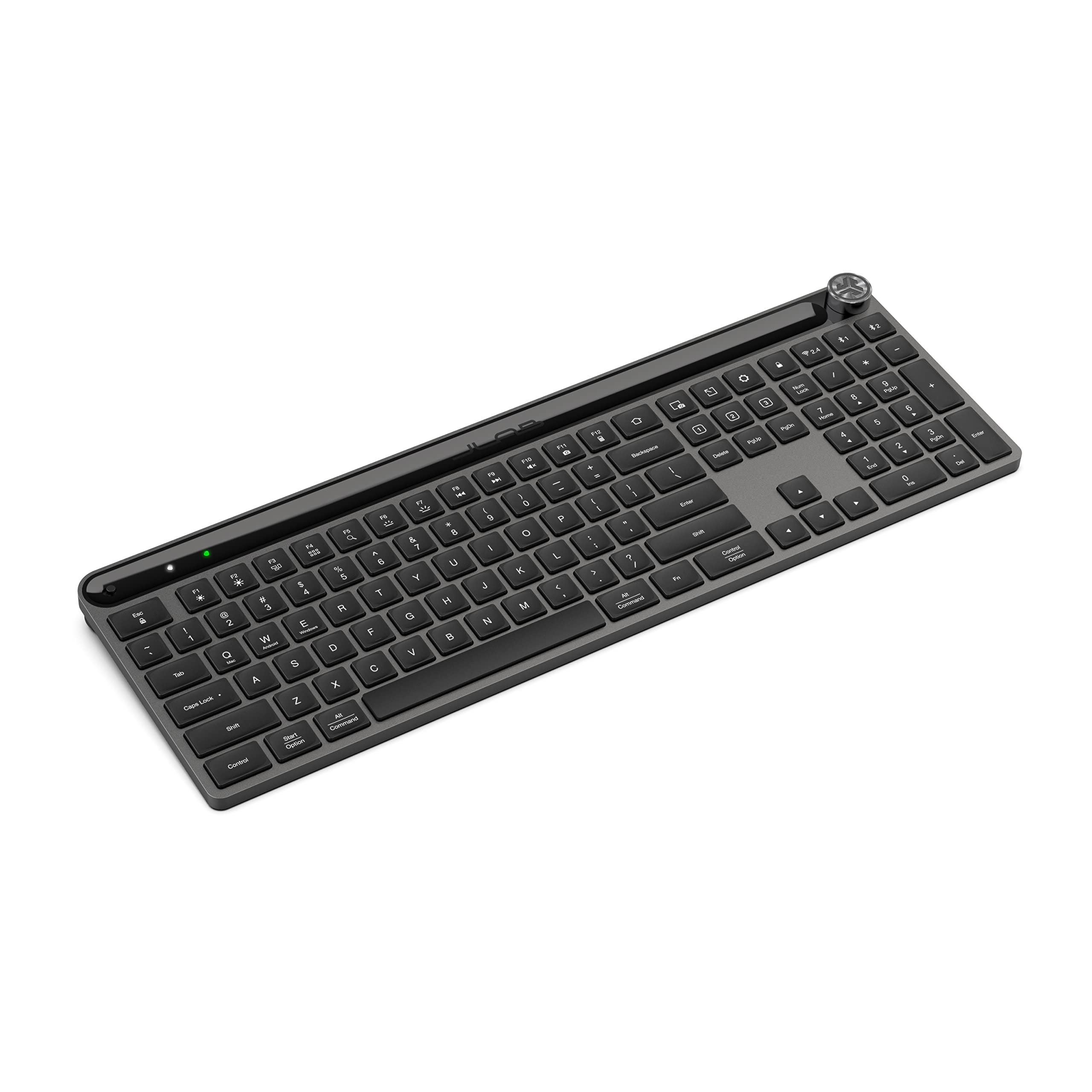 JLab Epic Wireless Keyboard, Black, 108 Keys, Connect Via Bluetooth or USB Wireless Dongle, Multi-Device Toggle, Soft Touch Keys, Smart Media Knob, Custom User Profiles, Rechargeable (1 Pack)