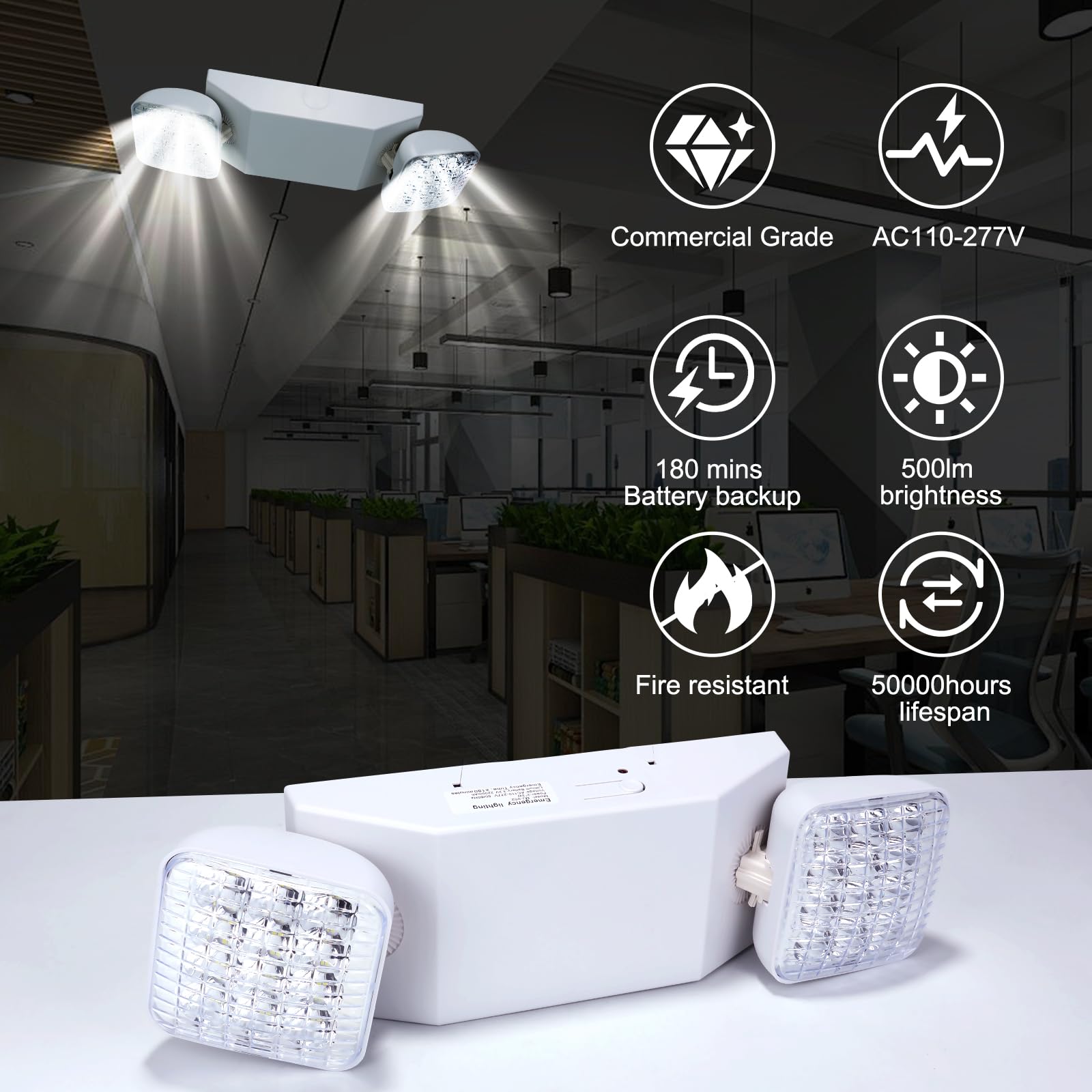 Led Emergency Lights with Battery Backup 12 Pack, Commercial LED Emergency Light for Home Power Failure & Business, Adjustable Dual Head Emergency Light, Indoor Emergency Lighting AC110V-277V