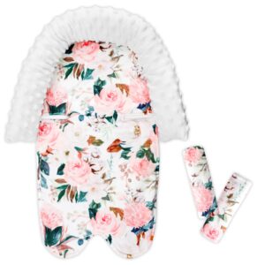 dilimi baby car seat head support, soft minky infant carseat head support for boys and girls, car seat head support with straps cover for car seats, strollers and bouncers, pink flower