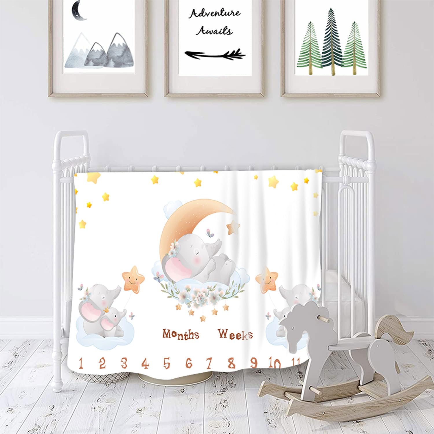 QICAIYUN Baby Milestone Monthly Blanket Elephant Desgin Twins Baby Month Blanket First Year Calendar Growth Chart Play Mat Large 60" x40'' Baby Photography Props YUNBTZT042