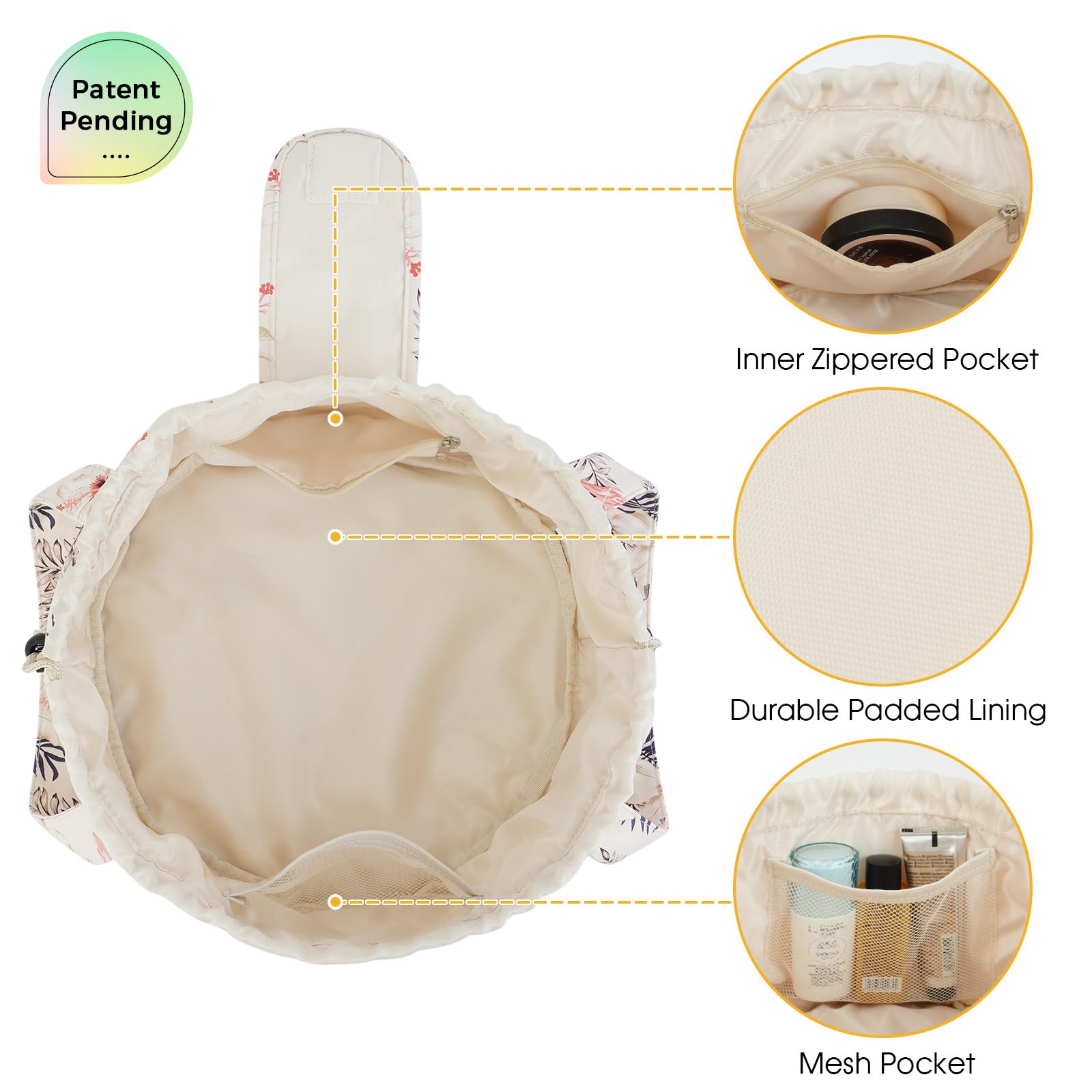 Barrel Drawstring Makeup Bag Large Cosmetic Bag Make up Bags Toiletry Organizer for Women (Beige Bird) (Patent Pending)