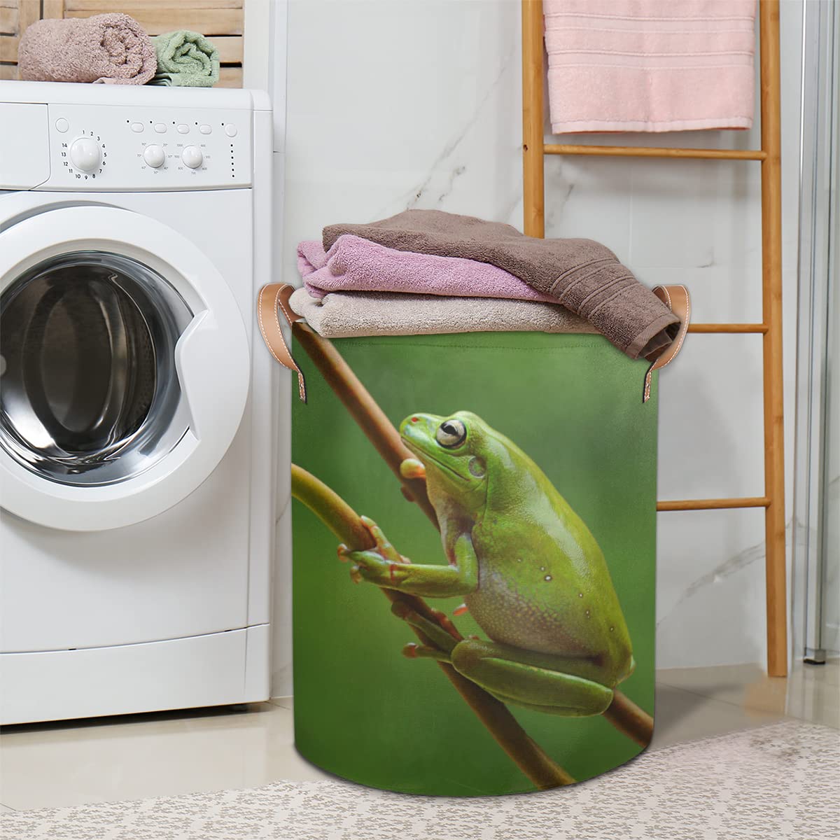 Tree Frog Collapsible Laundry Basket Large Laundry Hamper Waterproof Foldable Storage Bins Laundry Basket with Leather Handles Clothes Nursery Hampers for Bathroom Bedroom Toy Organizer