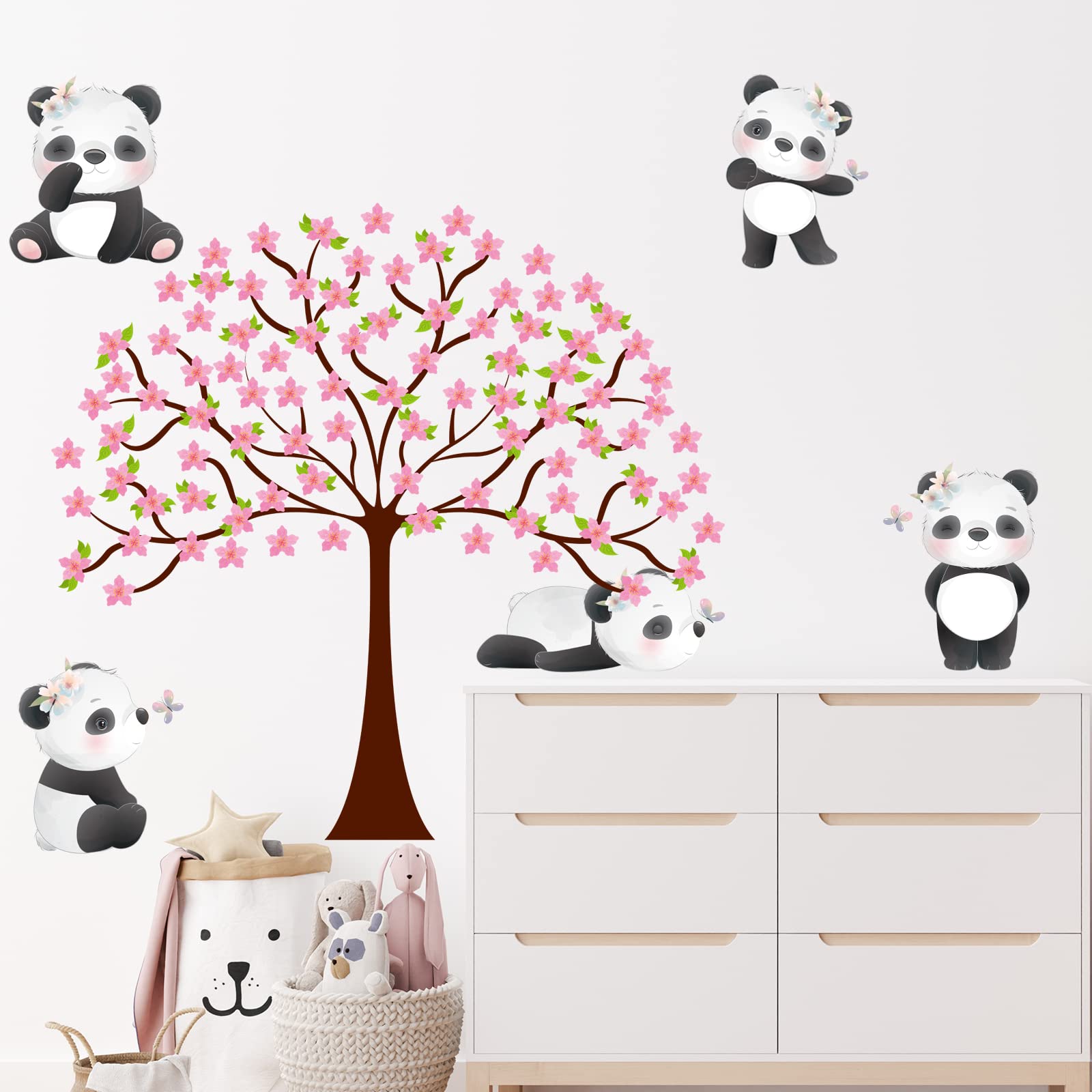 Panda Cherry Blossom Tree Wall Decal Baby Animals Nursery Wall Stickers Art Panda Kids Room Wall Decor