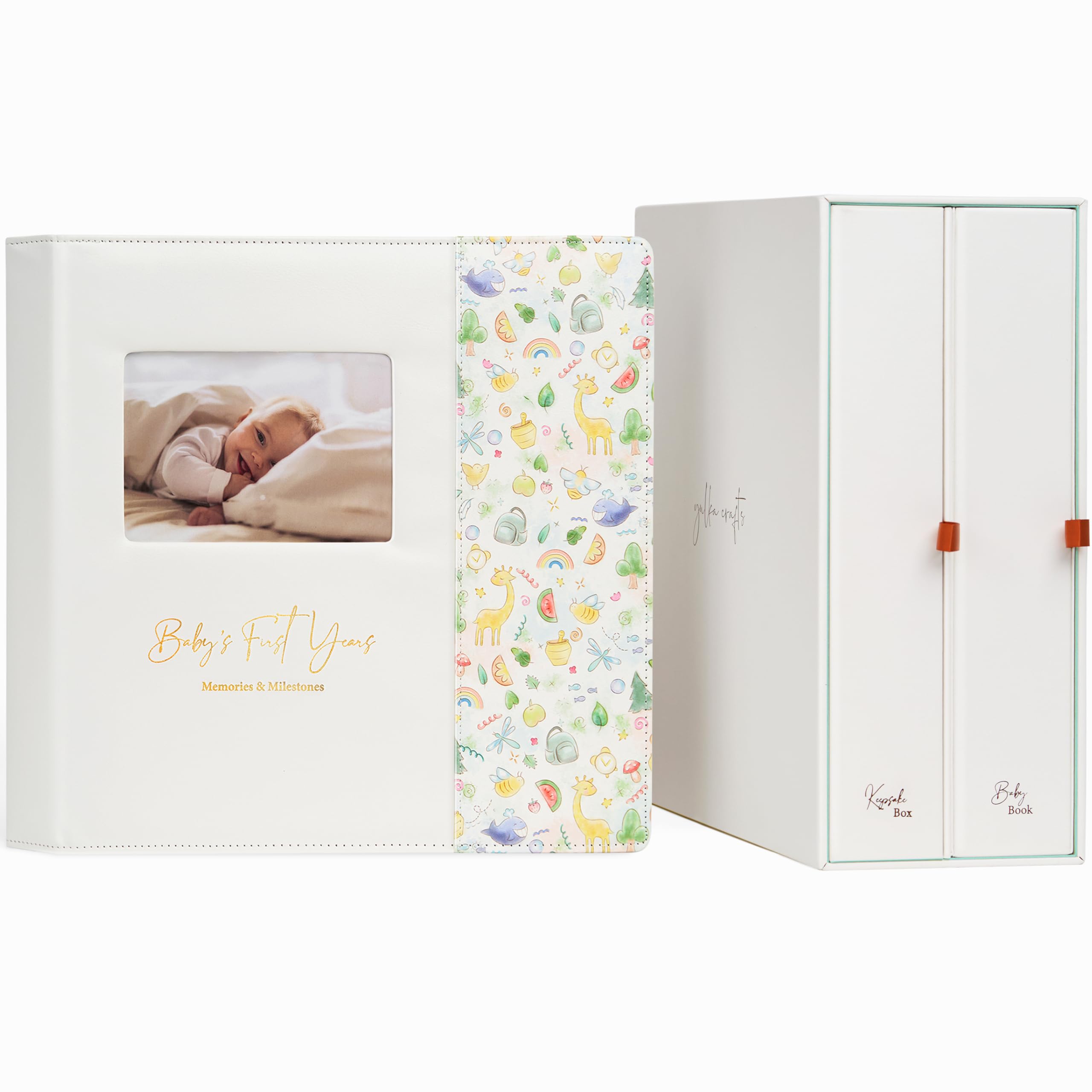 Keepsake Baby Memory Book with Keepsake Box Girl Boy - Timeless Leather-Bound Baby Milestone Book | Baby Book Keepsake and Baby Photo Memory Box to Record Baby Shower to Age 5 - Beautiful Gift