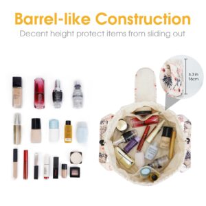 Barrel Drawstring Makeup Bag Large Cosmetic Bag Make up Bags Toiletry Organizer for Women (Beige Bird) (Patent Pending)