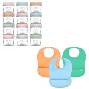 keababies 12-pack glass baby food containers and 3-pack waterproof baby bibs for eating - leak-proof baby food storage containers - lightweight baby bib with food catcher