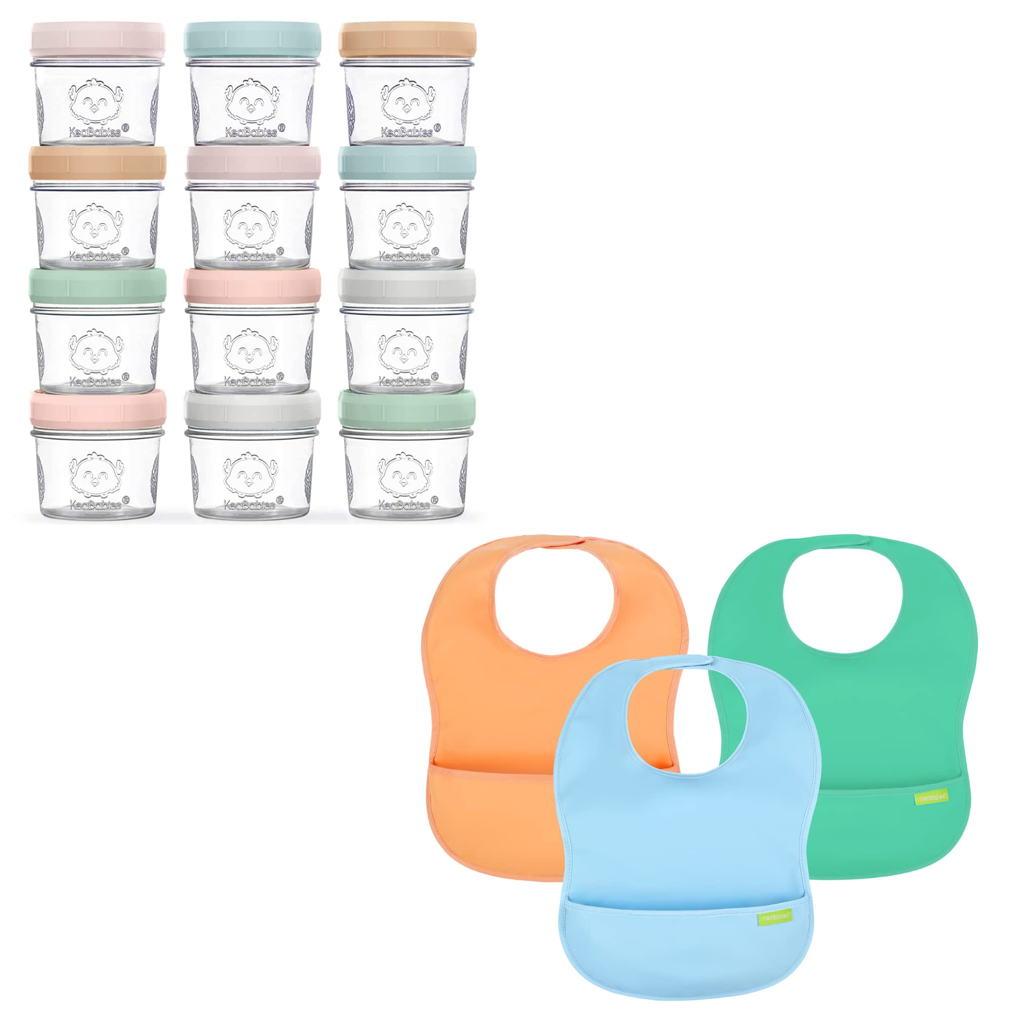 KeaBabies 12-Pack Glass Baby Food Containers and 3-Pack Waterproof Baby Bibs for Eating - Leak-Proof Baby Food Storage Containers - Lightweight Baby Bib with Food Catcher