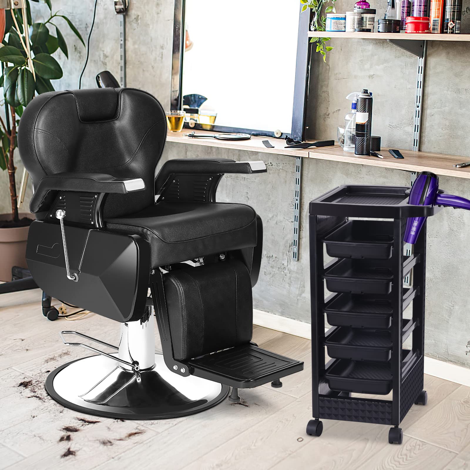 Paddie Black Salon Trolley Cart with Wheels/5 Drawers/Hair Dryer Holder/Tint Bowl Slot for Hair Stylist, Beauty Salon Equipment