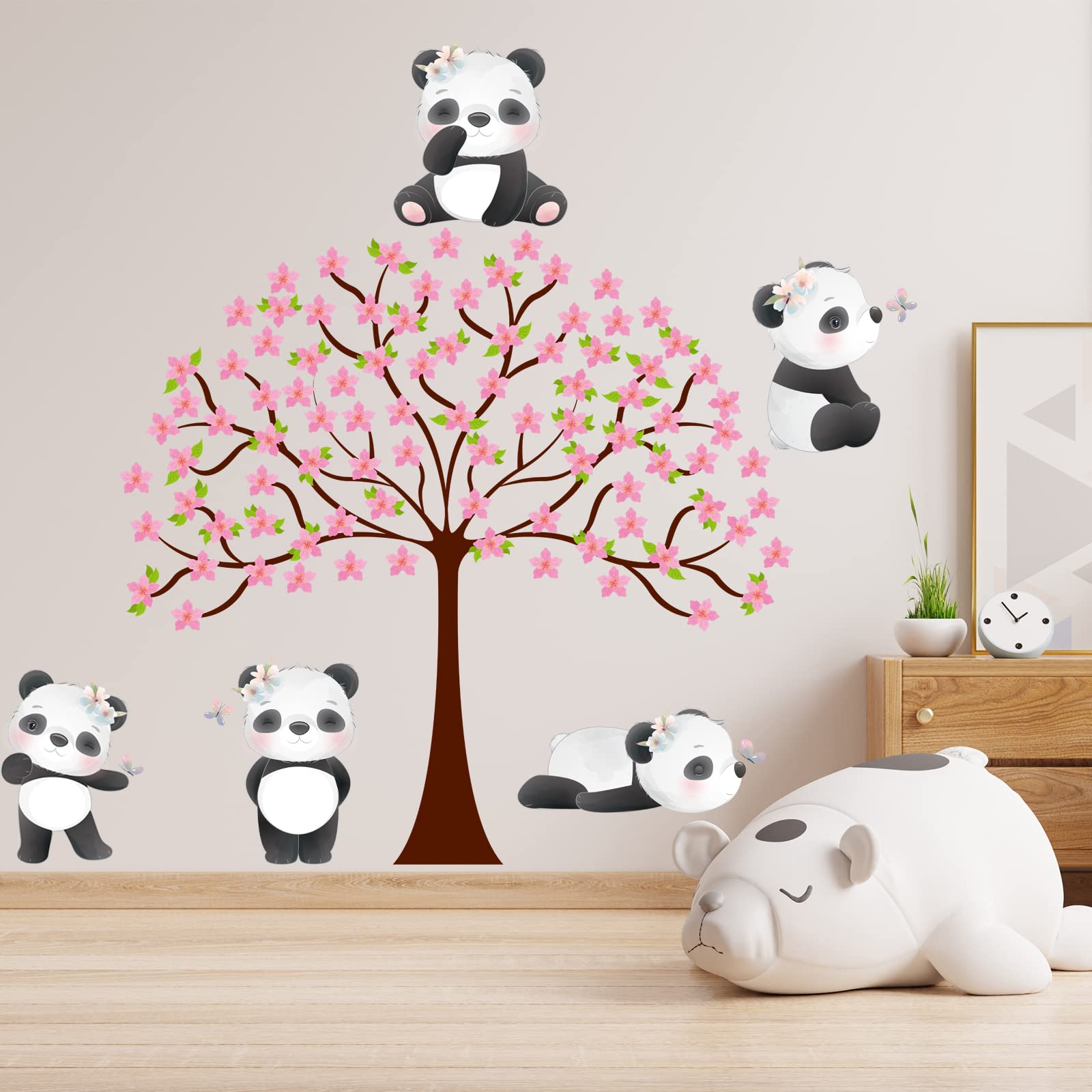 Panda Cherry Blossom Tree Wall Decal Baby Animals Nursery Wall Stickers Art Panda Kids Room Wall Decor