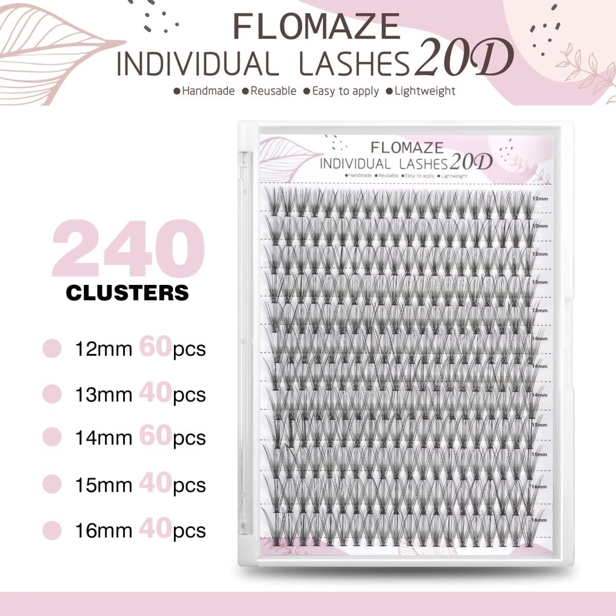 FLOMAZE 20D Lash Clusters, Individual Lashes 240pcs Faux Mink Lash Clusters Natural Handmade Cluster Eyelash Extensions C Curl 0.07mm Thickness False Lashes (12/13/14/15/16mm)