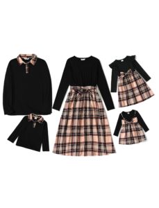 patpat matching family outfits mommy and me dresses matching set mom and daughter matching outfits long sleeve patchwork belted dress and button down plaid shirts khaki buffalo plaid dress for women m