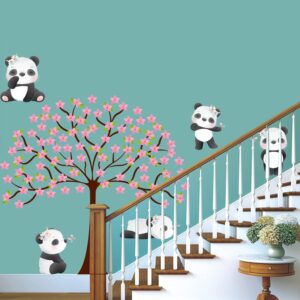 Panda Cherry Blossom Tree Wall Decal Baby Animals Nursery Wall Stickers Art Panda Kids Room Wall Decor