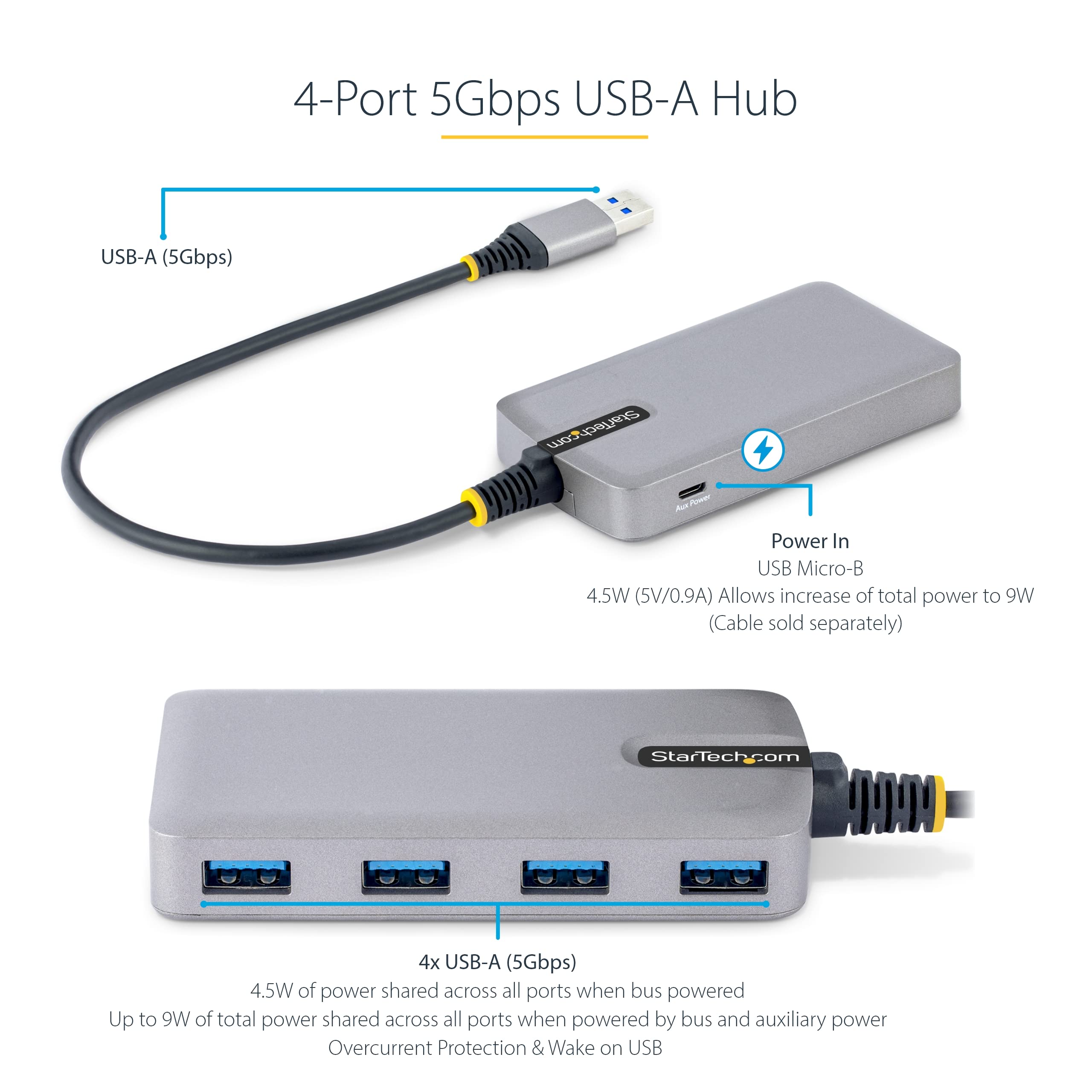 StarTech.com 4-Port USB Hub - USB 3.0 5Gbps, Bus Powered, USB-A to 4X USB-A Hub w/Optional Auxiliary Power Input - Portable Desktop/Laptop USB Hub, 1ft/30cm Cable, USB Expansion Hub (5G4AB-USB-A-HUB)