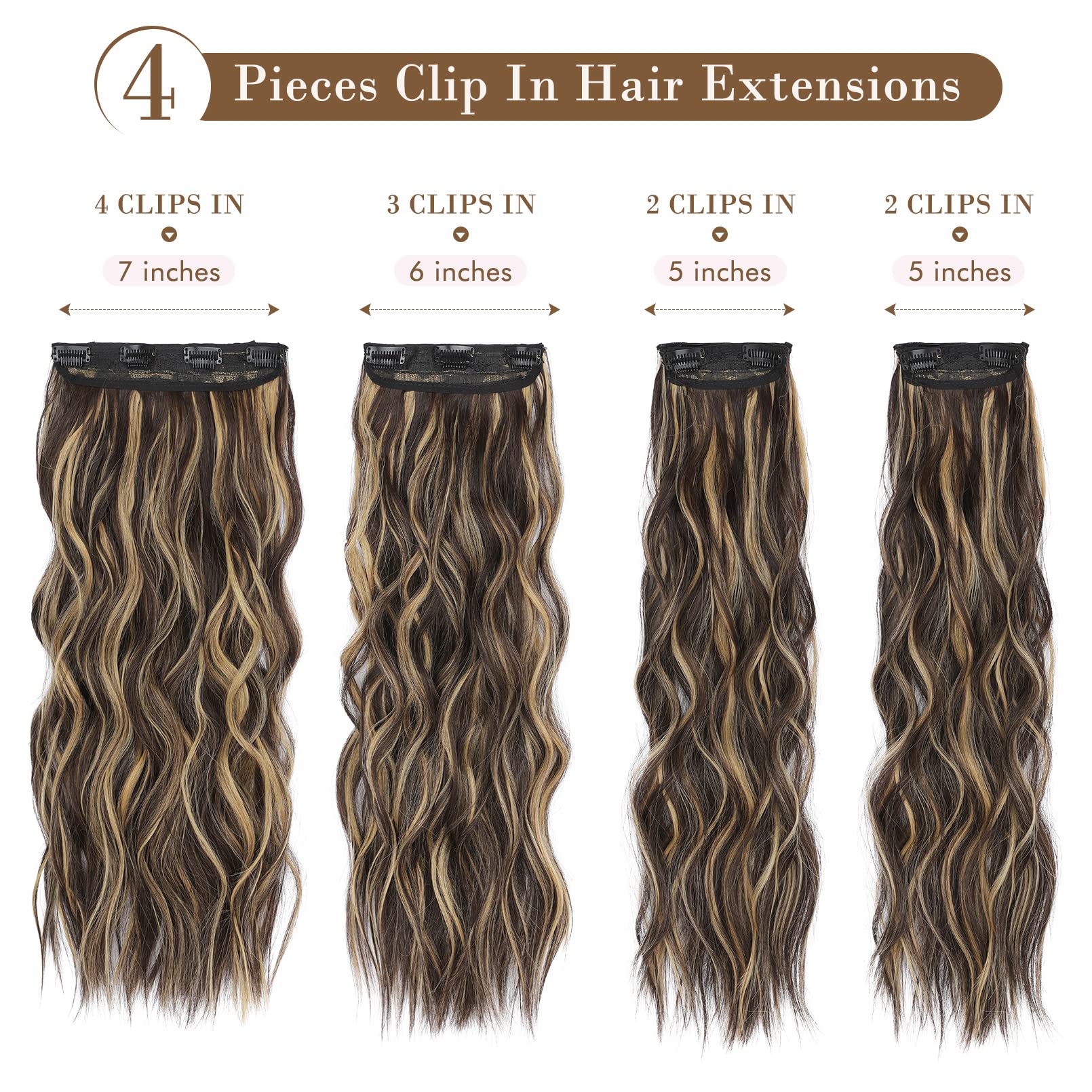 REECHO Hair Extensions, 4PCS Clip in Hair Extensions HE001 Natural Soft Synthetic Hairpieces for Women, Dark Brown with Blonde Highlights