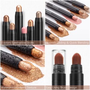 Mabox Eyeshadow Stick 3Pcs - Neutral and Brown Metallic Eye Shadow Stick Makeup - Creamy & Waterproof Eyeshadow Brightener Pencil for Smoky, Luminous and Metallic Eye Makeup