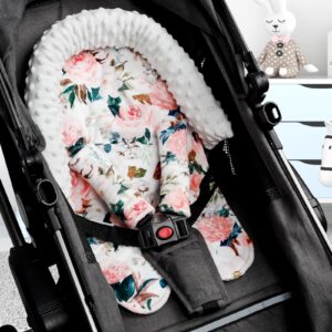 DILIMI Baby Car Seat Head Support, Soft Minky Infant Carseat Head Support for Boys and Girls, Car Seat Head Support with Straps Cover for Car Seats, Strollers and Bouncers, Pink Flower