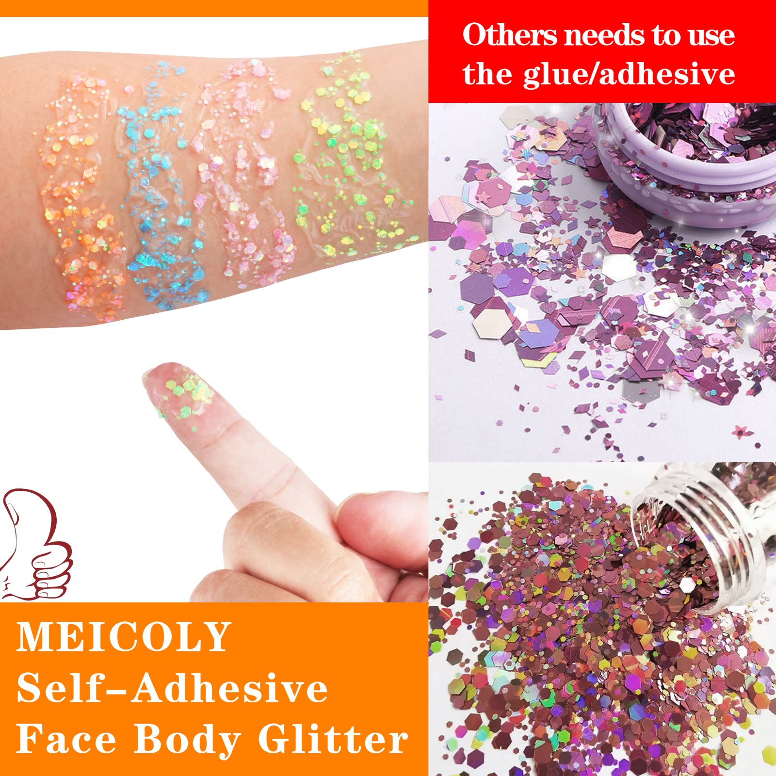 MEICOLY Glow in The Dark Body Face Glitter Gel,Luminous Halloween Sequins Chunky Glitter, Self-Adhesive Neon UV Blacklight Glitter for Body Face Hair Festival Sparkling Body Glitter for Women,Orange