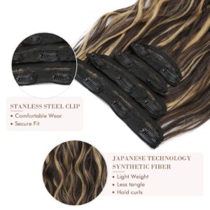 REECHO Hair Extensions, 4PCS Clip in Hair Extensions HE001 Natural Soft Synthetic Hairpieces for Women, Dark Brown with Blonde Highlights