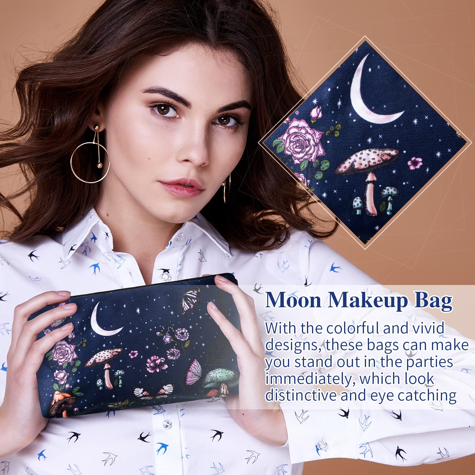 4 Pcs Small Witch Moon Makeup Bag Purse Portable Pouch with Zipper Flower Cosmetic Bag for 3D Printed Goth Pencil Case Travel Organizer Toiletry Storage Women Gift Supplies Holiday Decoration