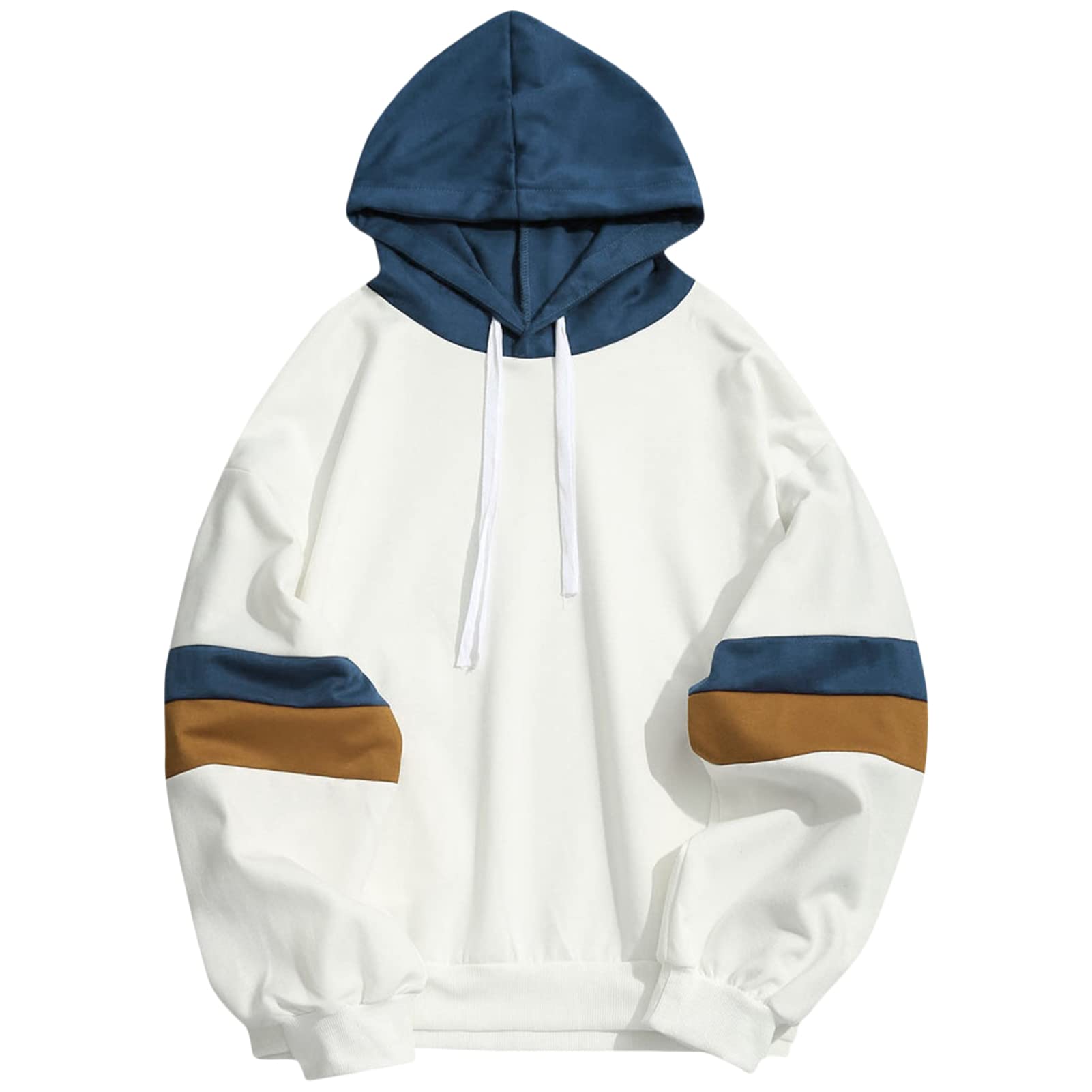 Maiyifu-GJ Men's Casual Colorblock Pullover Hoodies Long Sleeve Striped Color Block Hooded Multicolor Drawstring Sweatshirt (White,Medium)