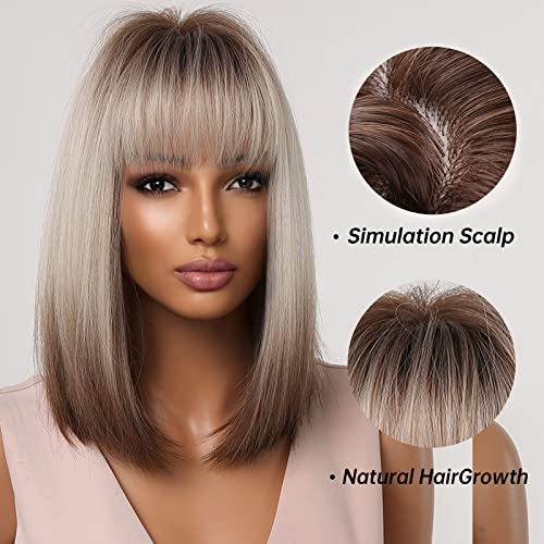 Allbell Brown Blonde Ombre Bob Wigs for Women Cosplay Wig with Bangs Dark Roots Gray Natural Hair Synthetic Wig