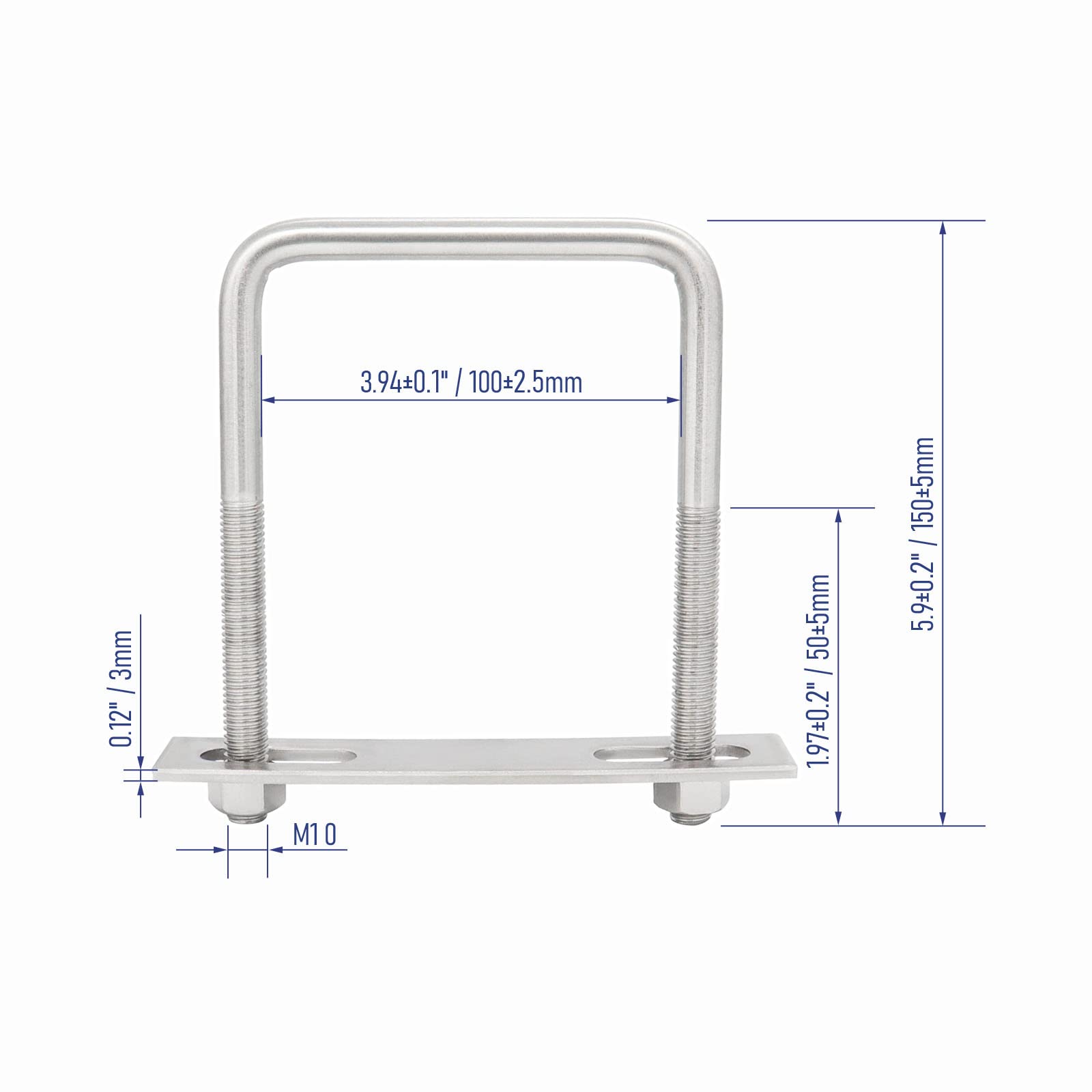 FOCMKEAS 304 Stainless Steel Square U-Bolts Stainless with M10 Nuts, Frame Plate, Accessories for Automobiles Trailer, Boat Trailer Industrial Parts (100x150mm(W*L))