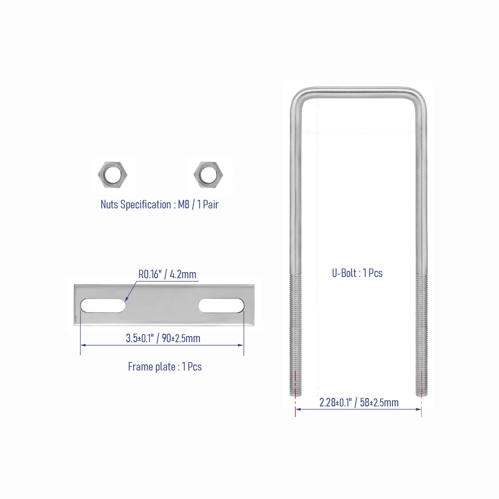 FOCMKEAS 304 Stainless Steel Square U-Bolts 2"(50mm) Inner Width, 4"(100mm) Length Stainless M8 with Nuts, Frame Plate, Accessories for Automobiles Trailer, Boat Trailer Industrial Parts