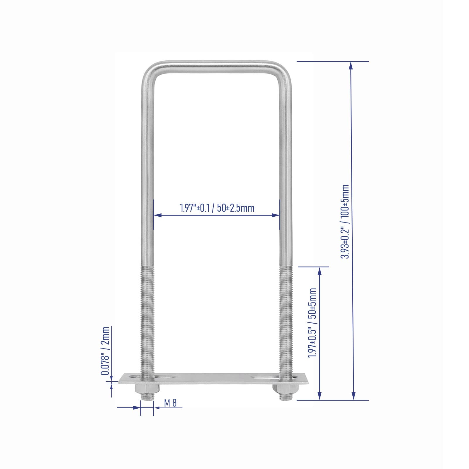 FOCMKEAS 304 Stainless Steel Square U-Bolts 2"(50mm) Inner Width, 4"(100mm) Length Stainless M8 with Nuts, Frame Plate, Accessories for Automobiles Trailer, Boat Trailer Industrial Parts