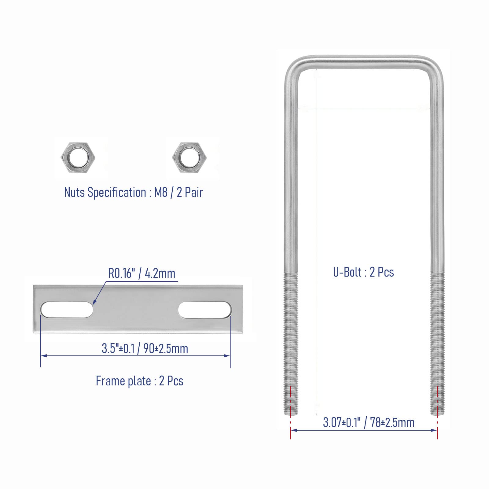 FOCMKEAS 2 Sets 304 Stainless Steel Square U-Bolts 2.76"(70mm) Inner Width, 7.09"(180mm) Length Stainless M8 with Nuts, Frame Plate, Accessories for Automobiles Trailer, Boat Trailer Industrial Parts