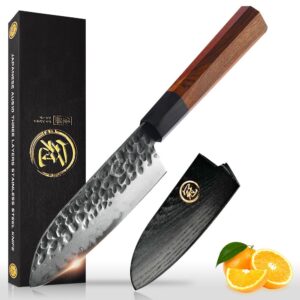 grand sharp 5 inch japanese santoku chef knife, aus10 3-layer high carbon stainless steel kitchen cooking knife, professional hand forged chef's knives (rosewood handle & gift box& sheath)