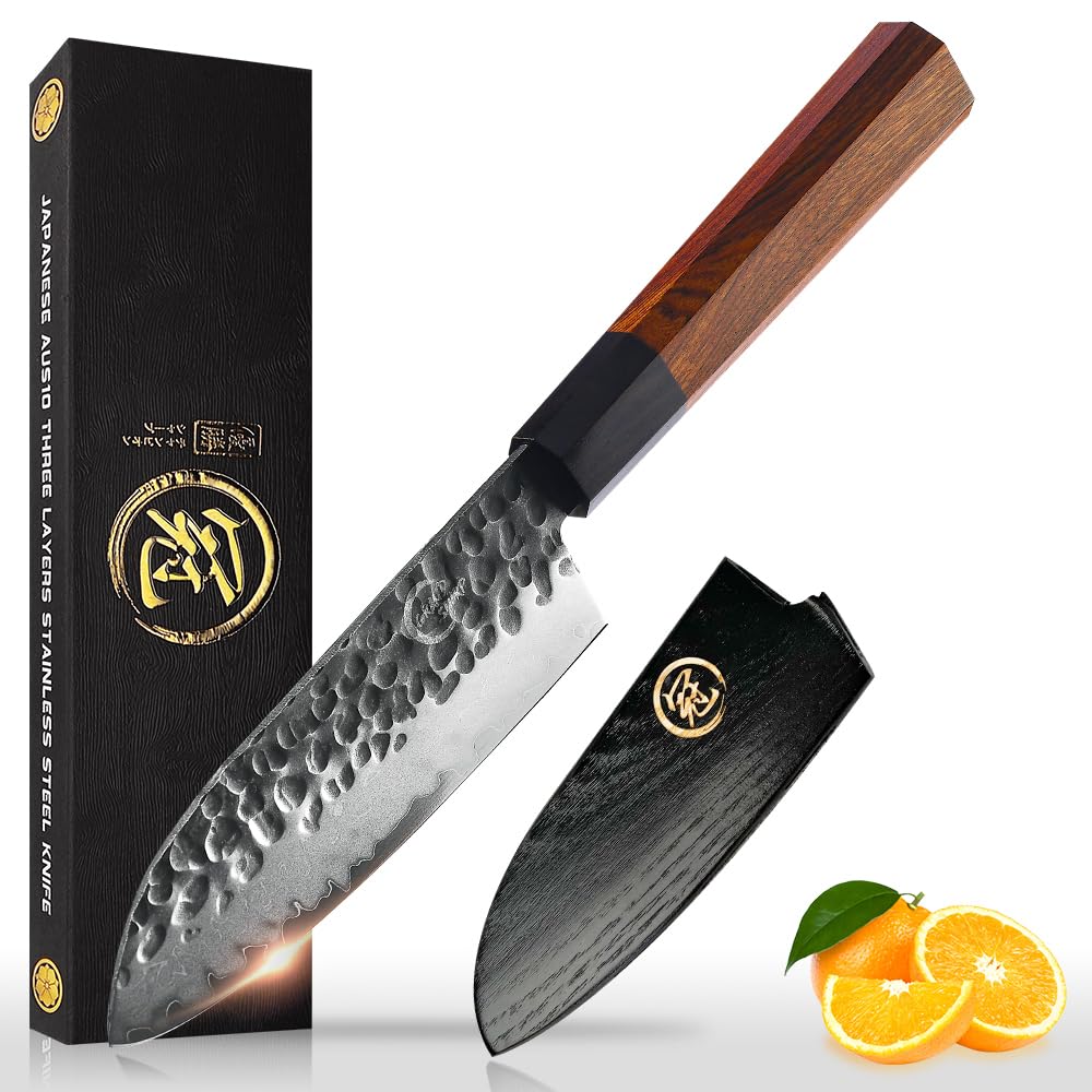 GRAND SHARP 5 inch Japanese Santoku Chef Knife, AUS10 3-layer High Carbon Stainless Steel Kitchen Cooking Knife, Professional Hand Forged Chef's Knives (Rosewood Handle & Gift Box& Sheath)