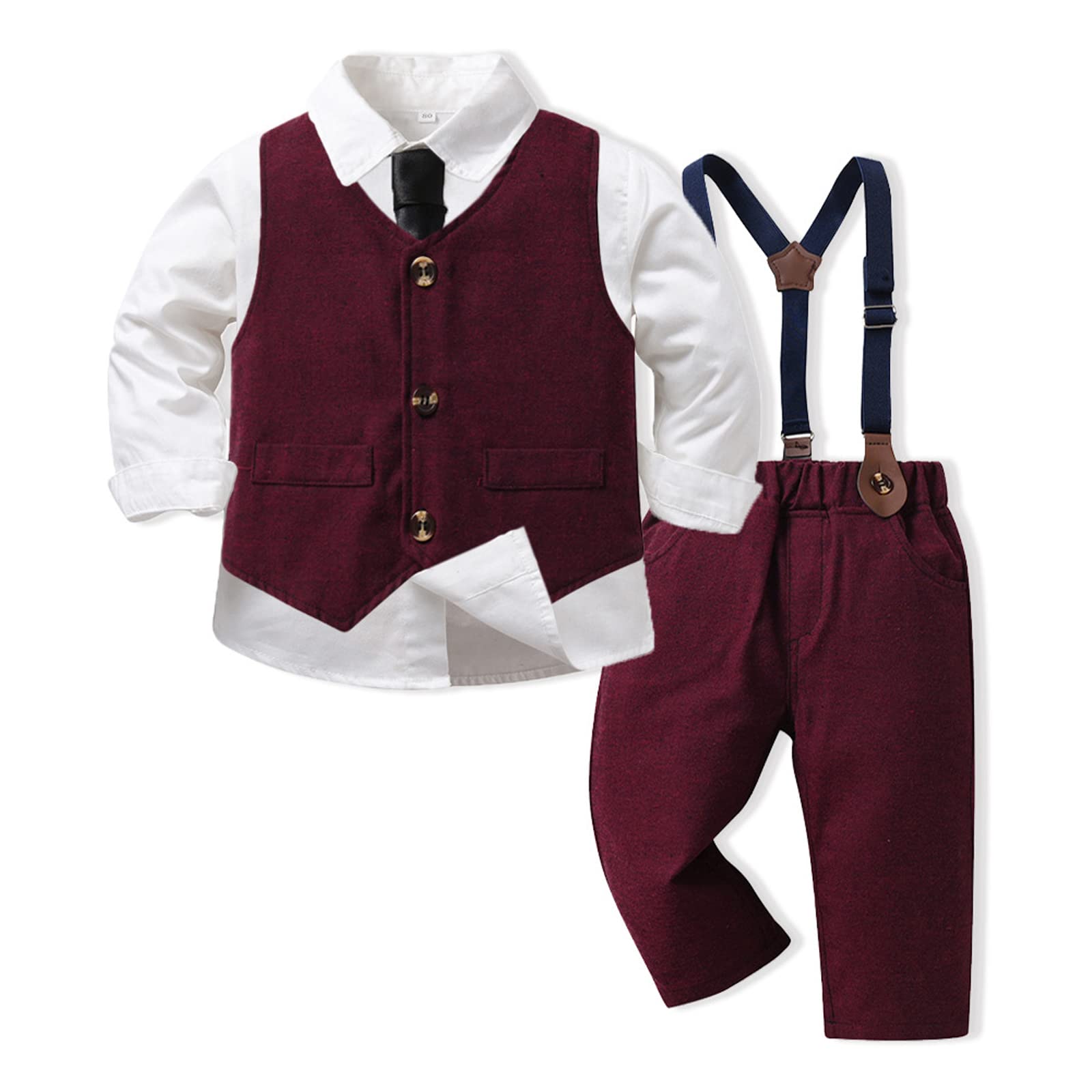 Toddler Kids Suits Baby Boys Dress Outfits 5Pcs Shirt & Suspender Pants & Vest Set with Necktie, 2-8 Years