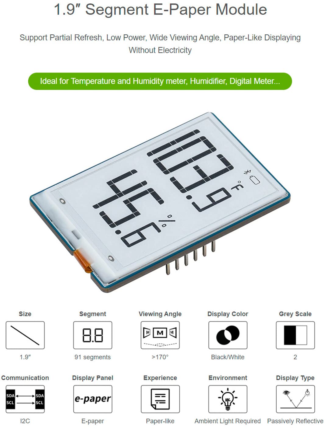 waveshare 1.9inch Segment E-Paper Display 91 Segments Black/White e Paper Module I2C Bus, Support Partial Refresh, for Arduino/Raspberry Pi/STM32, Ideal for Temperature/Humidity Meter/Digital Meter