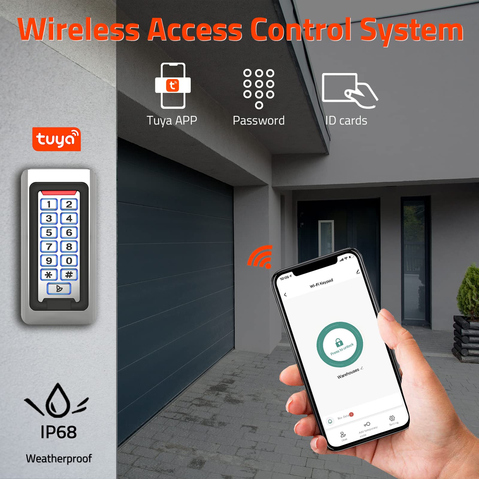 Wireless WiFi Access Control Keypad, Metal Stand-Alone Door Access Control System, EM Card Reader, Weatherproof, Backlight, TUYA Wireless Entry Security Access Controller for Garage, office