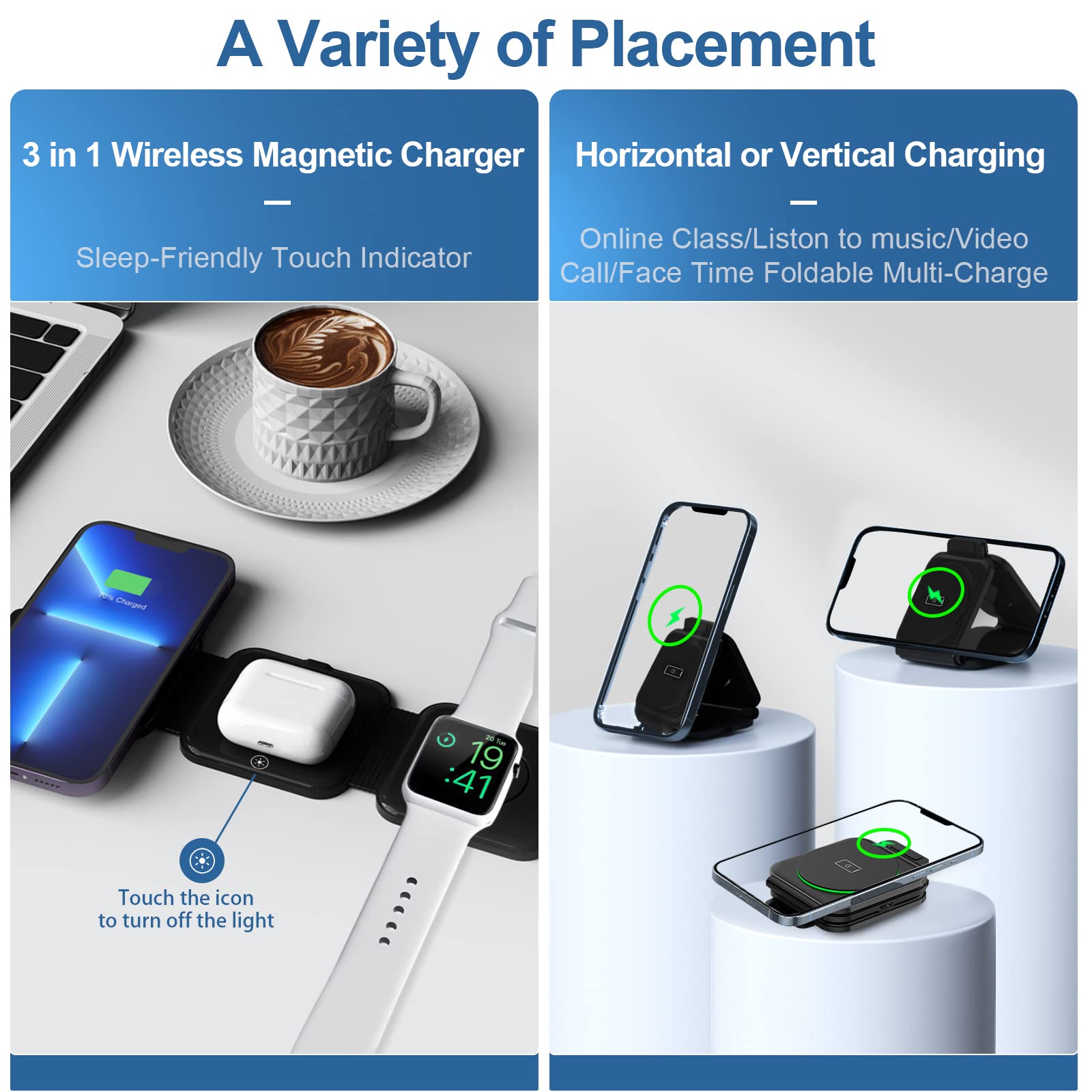 Foldable 3-in-1 Wireless Charger with Strong Magnetic Absorption,Travel Charging Station Compatible with iPhone14/13/12 Series,AirPods 3/2/Pro,iWatch