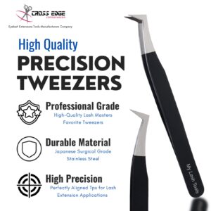 My Lash Tools Fiber Tip Lash Tweezers for Eyelash Extensions Pro Tweezer for Volume Lashes Japanese Stainless Steel Mink Lashes Fan Making Mega Volume Boot Angled Lashing Tweezers (Black)