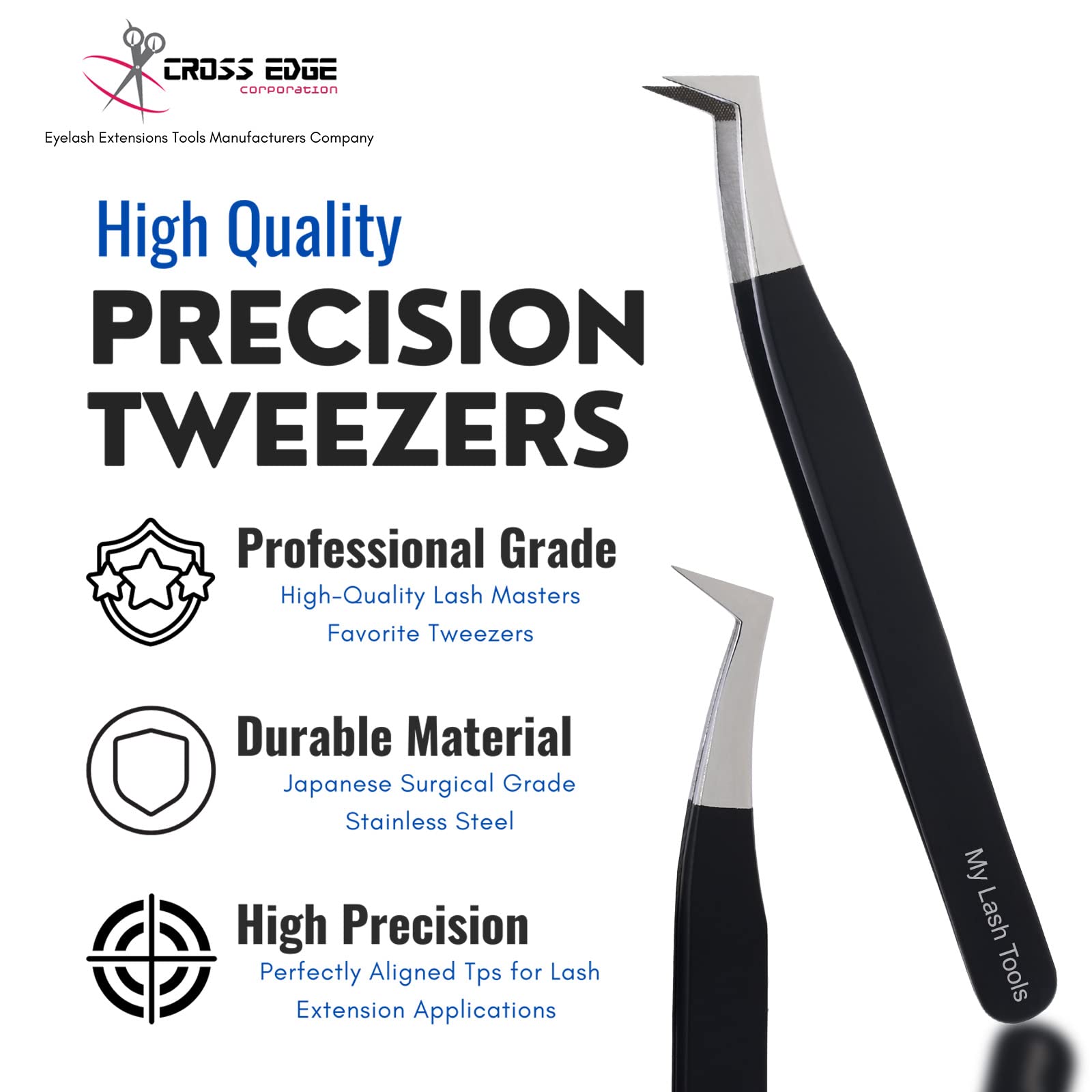 My Lash Tools Fiber Tip Lash Tweezers for Eyelash Extensions Pro Tweezer for Volume Lashes Japanese Stainless Steel Mink Lashes Fan Making Mega Volume Boot Angled Lashing Tweezers (Black)