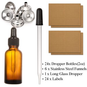 24 Pcs, 2 oz Dark Amber Dropper Bottles with 6 Small Funnels & 1 Long Glass Labels - 60ml Tincture Bottles w/ Eye Dropper for Essential Oils, Perfume, Hair Oil, Liquids - Leak Proof Travel Bottles