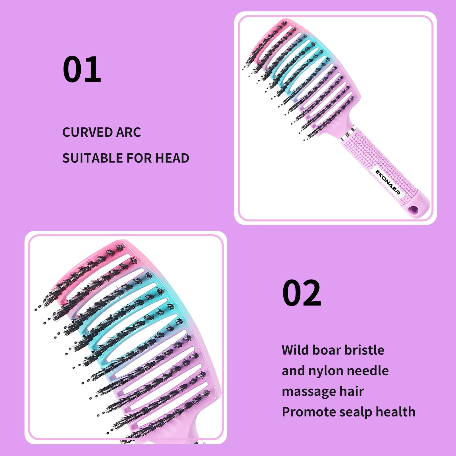 EKONAER Detangling Brush Boar Bristles Hair Brush for Adult & Kids Wet or Dry Hair,Curved and Vented Detangler Brush - Adds Shine and Makes Hair Smooth(Pink)