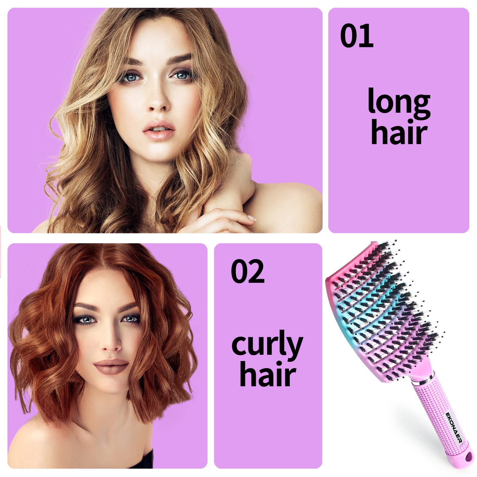 EKONAER Detangling Brush Boar Bristles Hair Brush for Adult & Kids Wet or Dry Hair,Curved and Vented Detangler Brush - Adds Shine and Makes Hair Smooth(Pink)