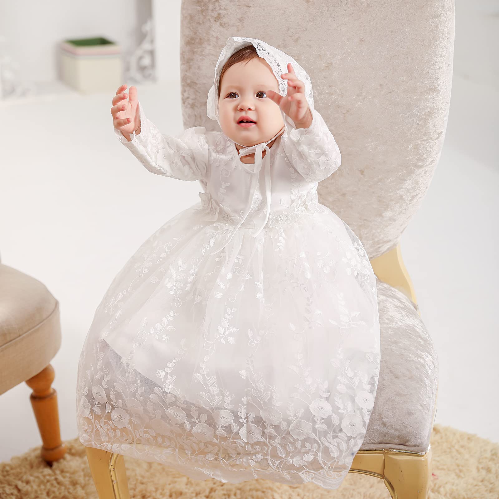 DPKM Baby Girl Baptism Dress 3PCS Infant Embroidered Christening Formal Gowns Outfit for Party Wedding