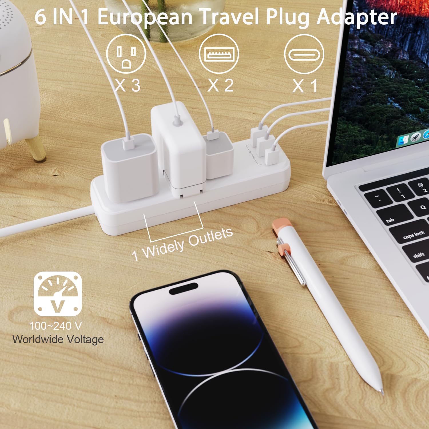 European Travel Plug Adapter, WRXDMC International Travel Plug Adapter, US to UK Europe Plug Adapter, Power Strip for EU/UK/US, 3 USB Ports, 3 AC Outlets, 5ft Cord,Travel necessities in most countries