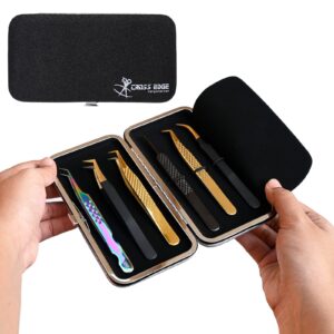 cross edge corporation empty glittery eyelash extension tweezers storage case multipurpose portable lash tweezers magnetic box hold 6 tweezers - keep your beloved lash tweezers safe & secure (black)