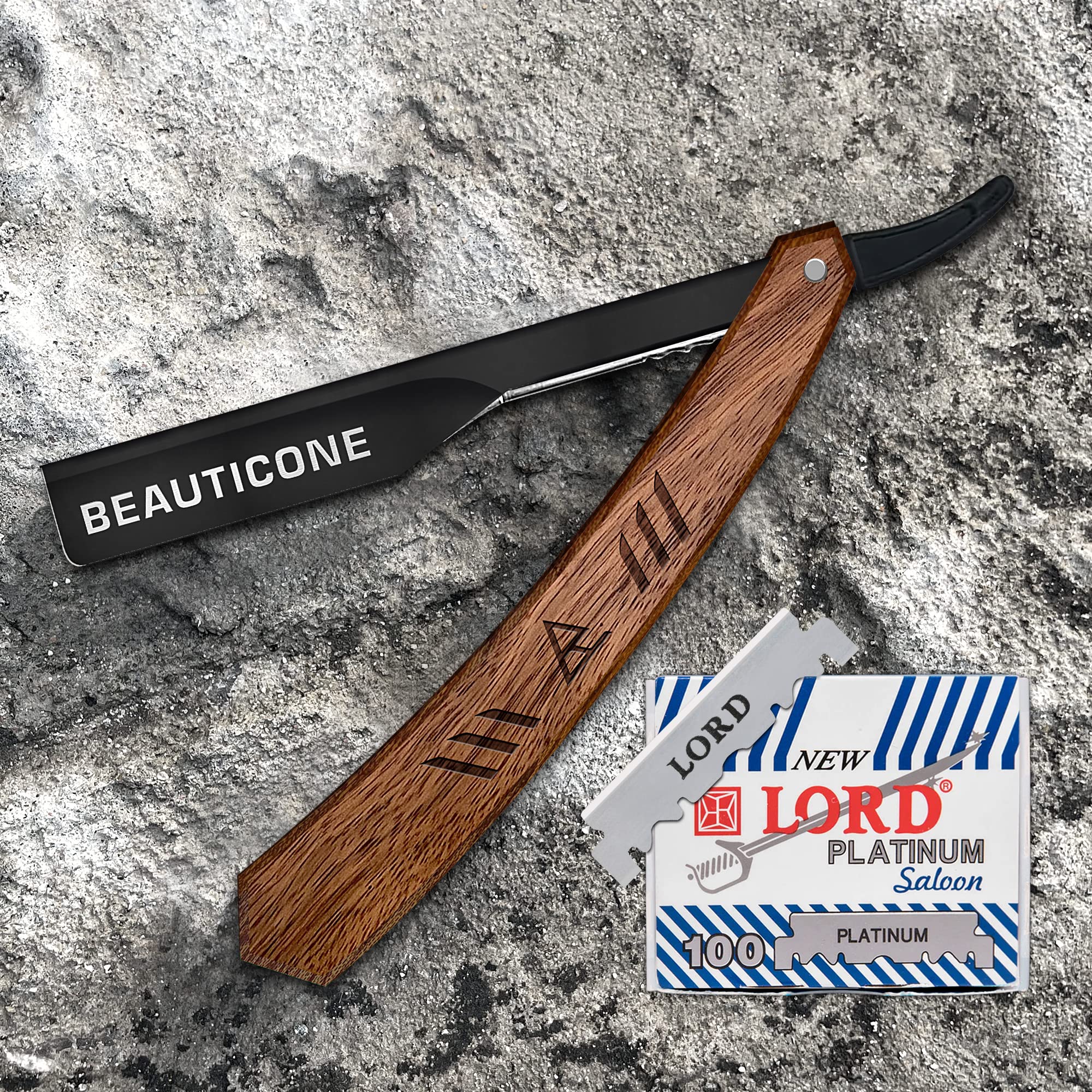 BEAUTICONE Straight Razor | Professional Barber Rose Wooden Razor with Black blade holder for men with 100 Single Edge Blades │slide-out design