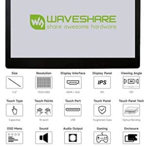 Waveshare 11.6inch IPS Capacitive Touch Screen LCD 1920×1080 HDMI Display with Toughened Glass Cover Compatible with Raspberry Pi Jetson Nano and BB Black Use as Computer Monitor