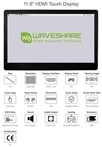 Waveshare 11.6inch IPS Capacitive Touch Screen LCD 1920×1080 HDMI Display with Toughened Glass Cover Compatible with Raspberry Pi Jetson Nano and BB Black Use as Computer Monitor